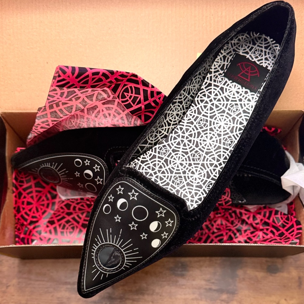 Strange Cult Planchette Pointed Black Velvet Flats